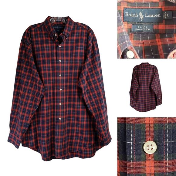 Polo Ralph Lauren Oxford Blake Mens Large Black Red Plaid LS Button Down Shirt - Picture 1 of 9
